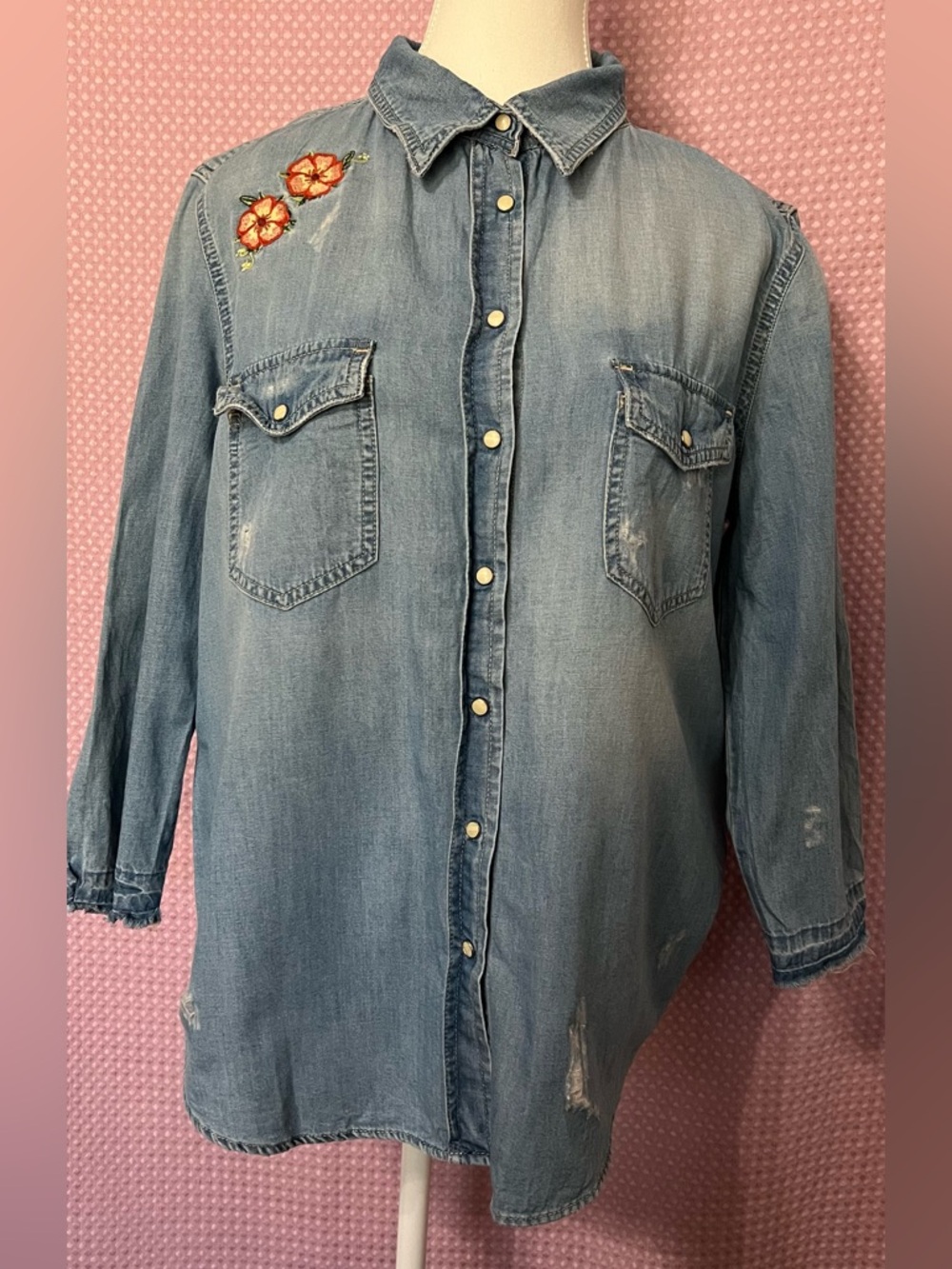 Zara Light Blue Denim Button-Front Shirt with Floral Embroidery